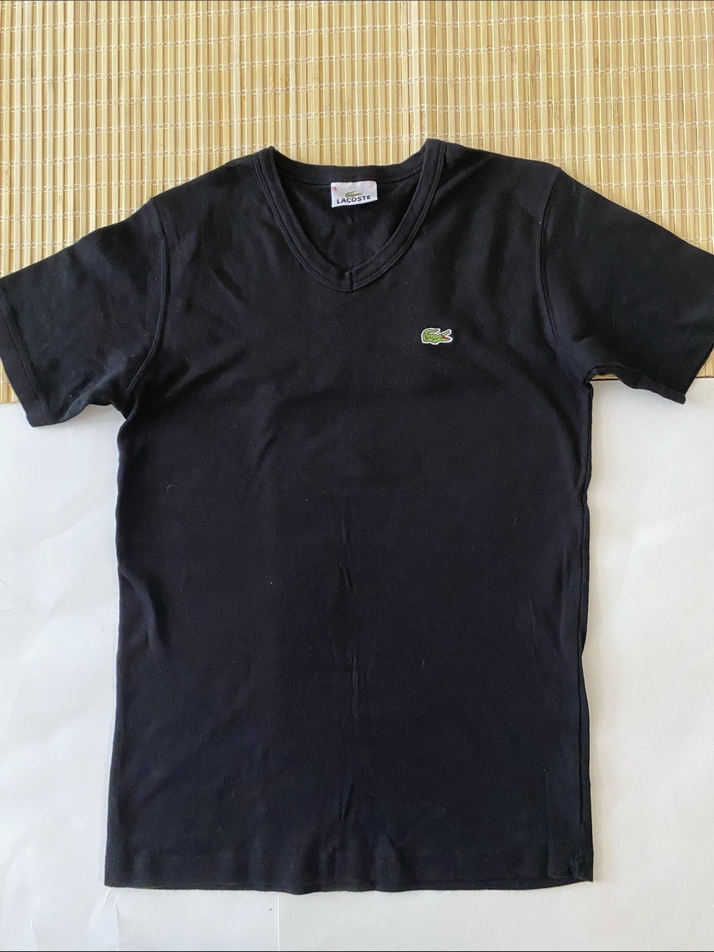 Lacoste Black V-Neck Short Sleeve Tee with Green Crocodile Logo
